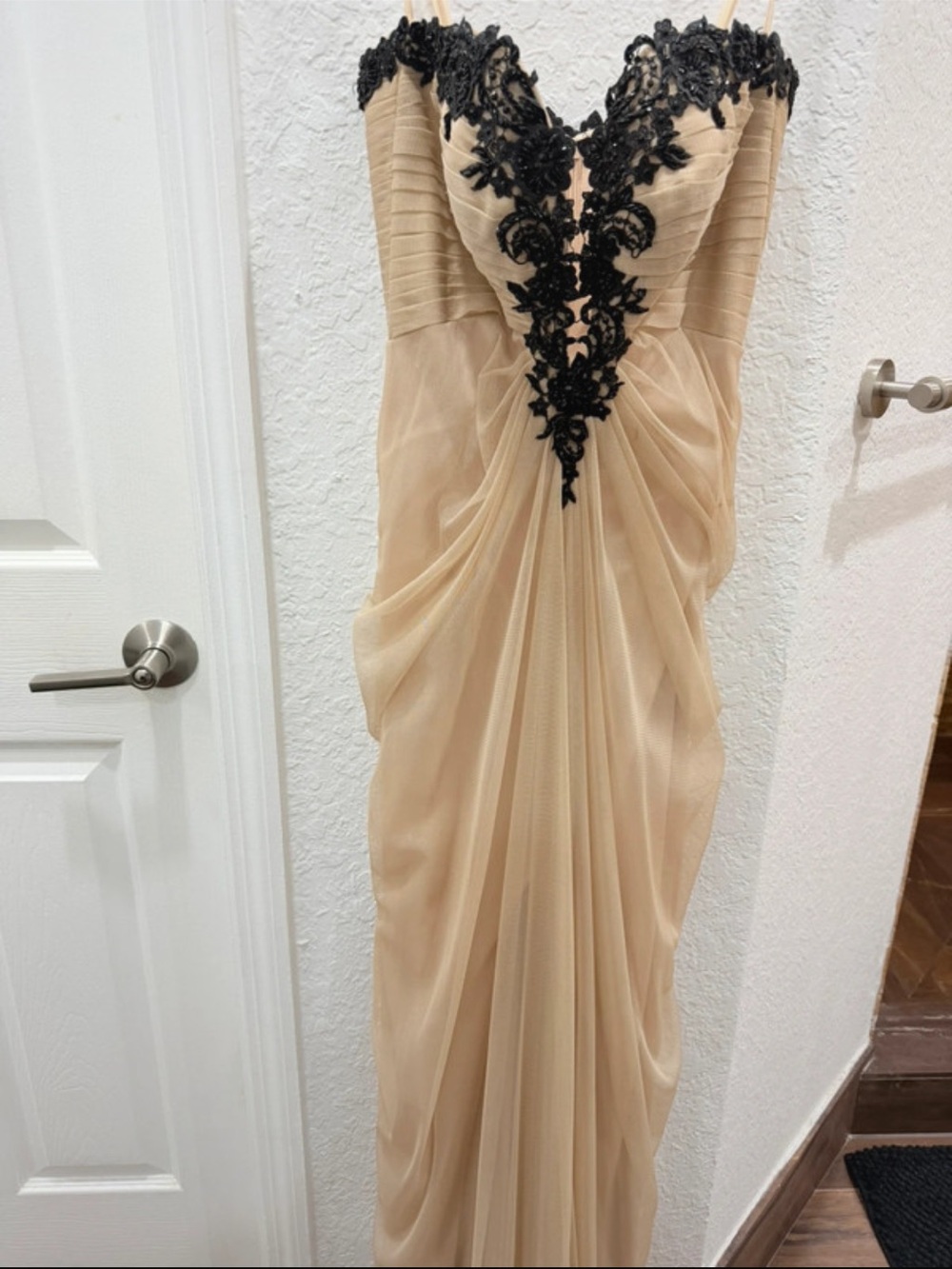 La Femme Strapless Nude Gown with Black Lace Appliqué